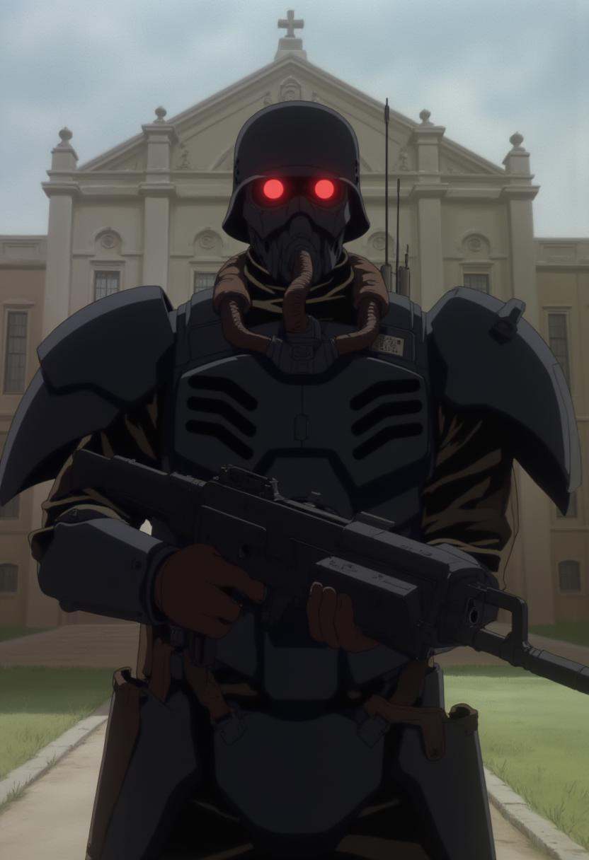 j1nr0ha man in military armor with a rebreather mask with glowing red eyes,  he is holding a light machine gun,  standing...