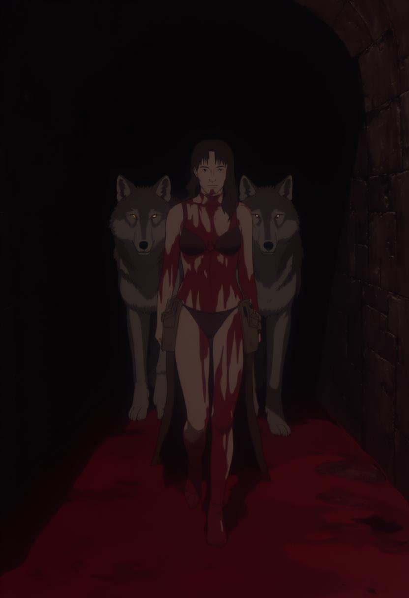 j1nr0ha beautiful 24 year old woman covered in blood with two wolves behind her,  she is in a sewer on Tensor.Art