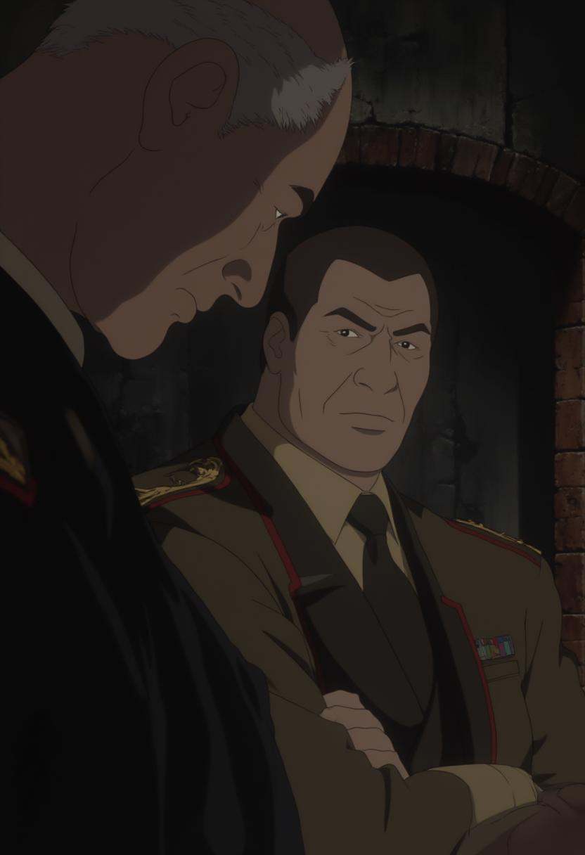 j1nr0h,  anime,  two rugged military men plotting something sinister on Tensor.Art