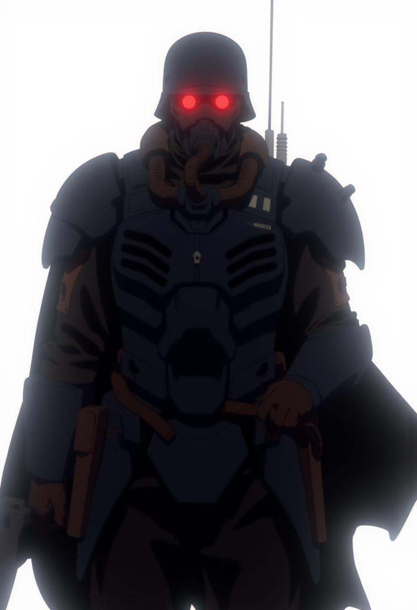 j1nr0h,  anime,  a man wearing military armor with a rebreather mask and glowing red eyes on Tensor.Art