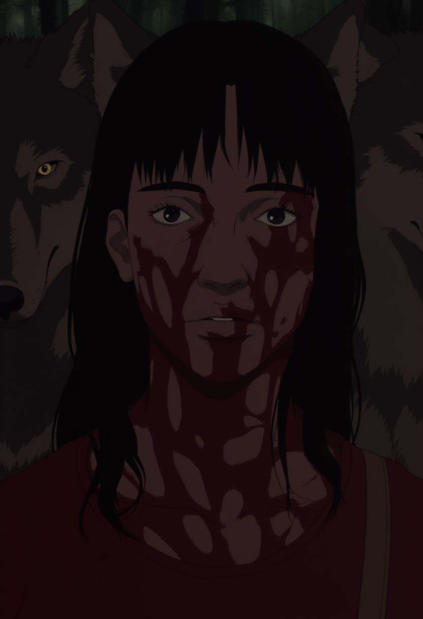 j1nr0ha beautiful 24 year old woman covered in blood with two wolves behind her,  the focus is on her face displaying a se...