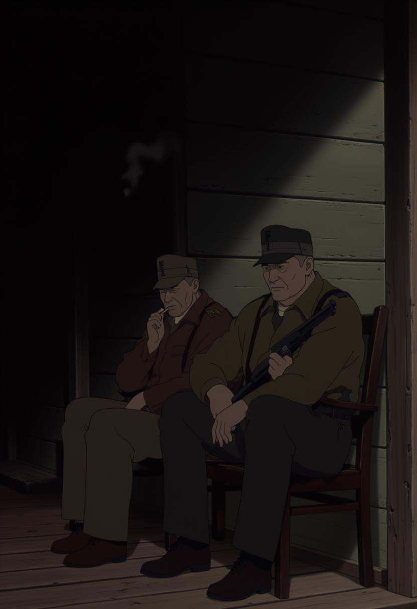 j1nr0htwo old military veterans sitting on a wooden porch plotting to overthrow an organization,  they are both old rugged...