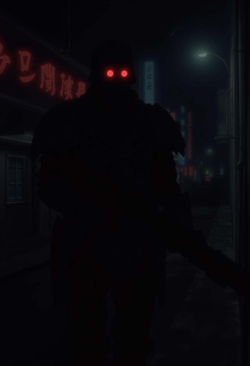 j1nr0ha man clad in black military armor with a rebreather and glowing red eyes roaming the city at night,  he is holding...