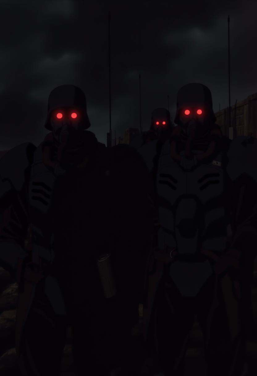 j1nr0h,  anime,  an epic action scene of a group of armored men in military armor with a rebreather mask and glowing red e...