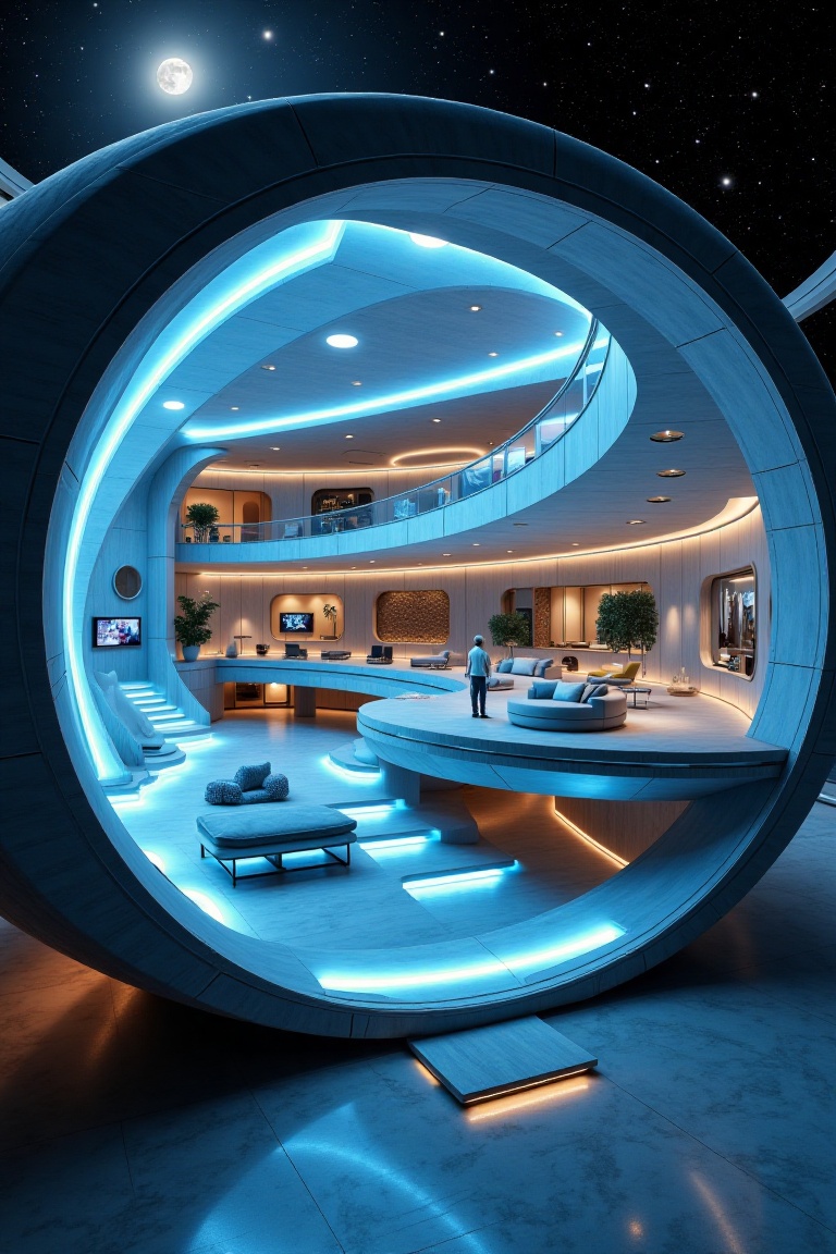 Beautiful modern spaceship with long section design,  blue light,  long section on Tensor.Art