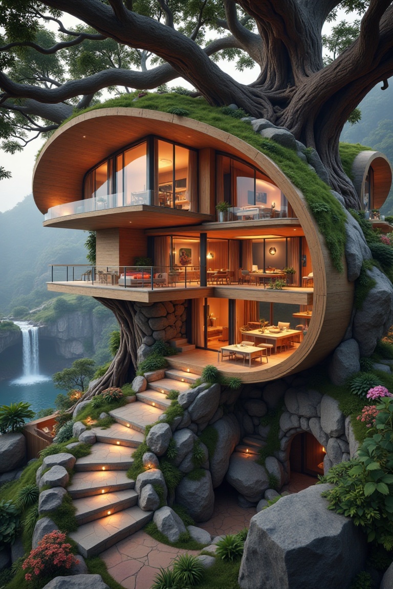 "A modern whimsical,  fantasy-style treehouse nestled within a massive ancient tree,  surrounded by misty cliffs and lush...