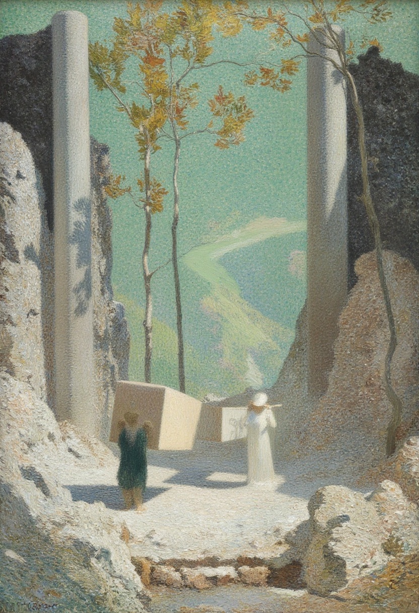 EIstyle. impressionist painting. symbolism. mystical entrance to paradise. Two giant Angel guardians standing like pillars...