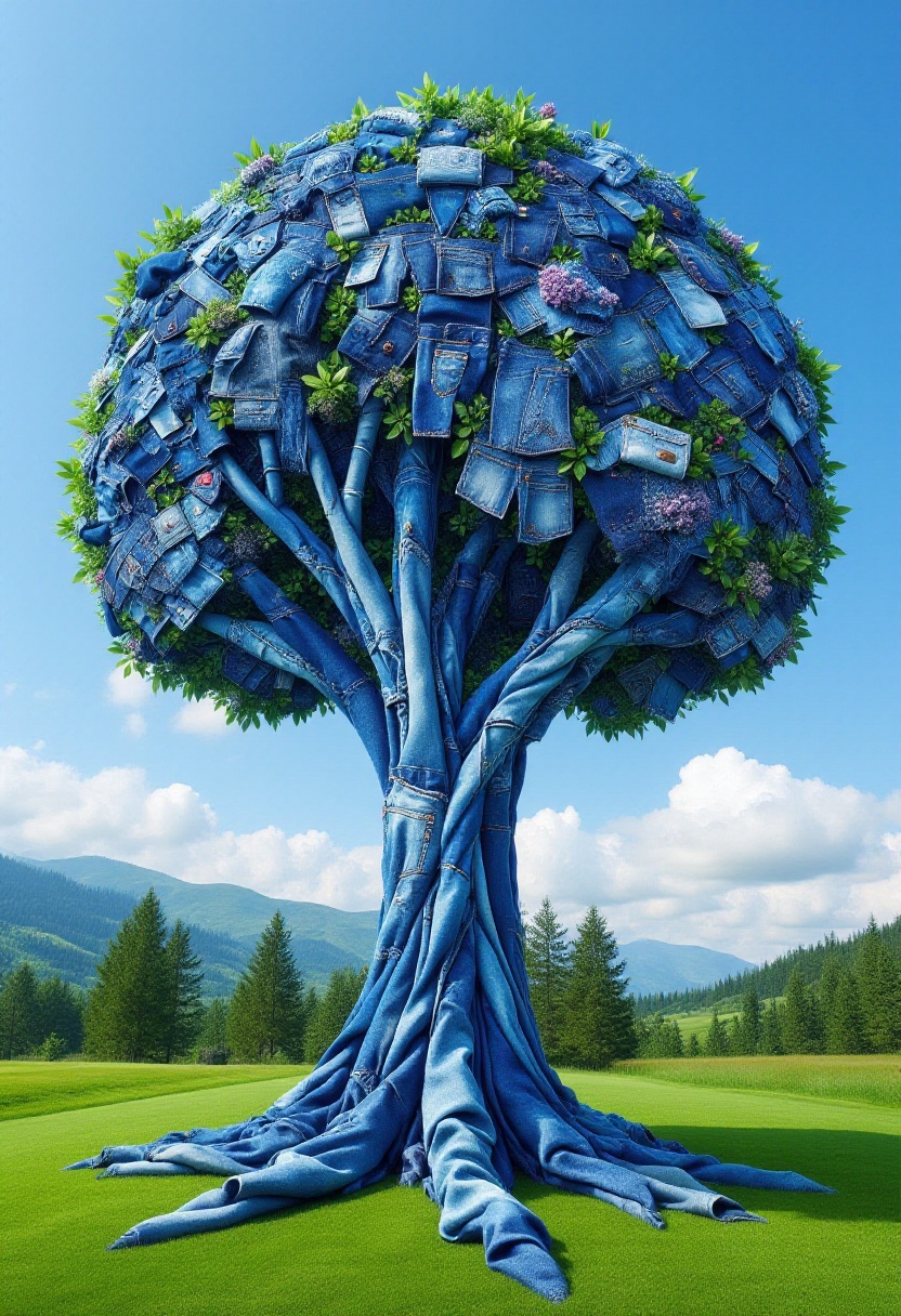 The image is a highly detailed digital artwork featuring a large,  stylized tree that is constructed from various pieces o...