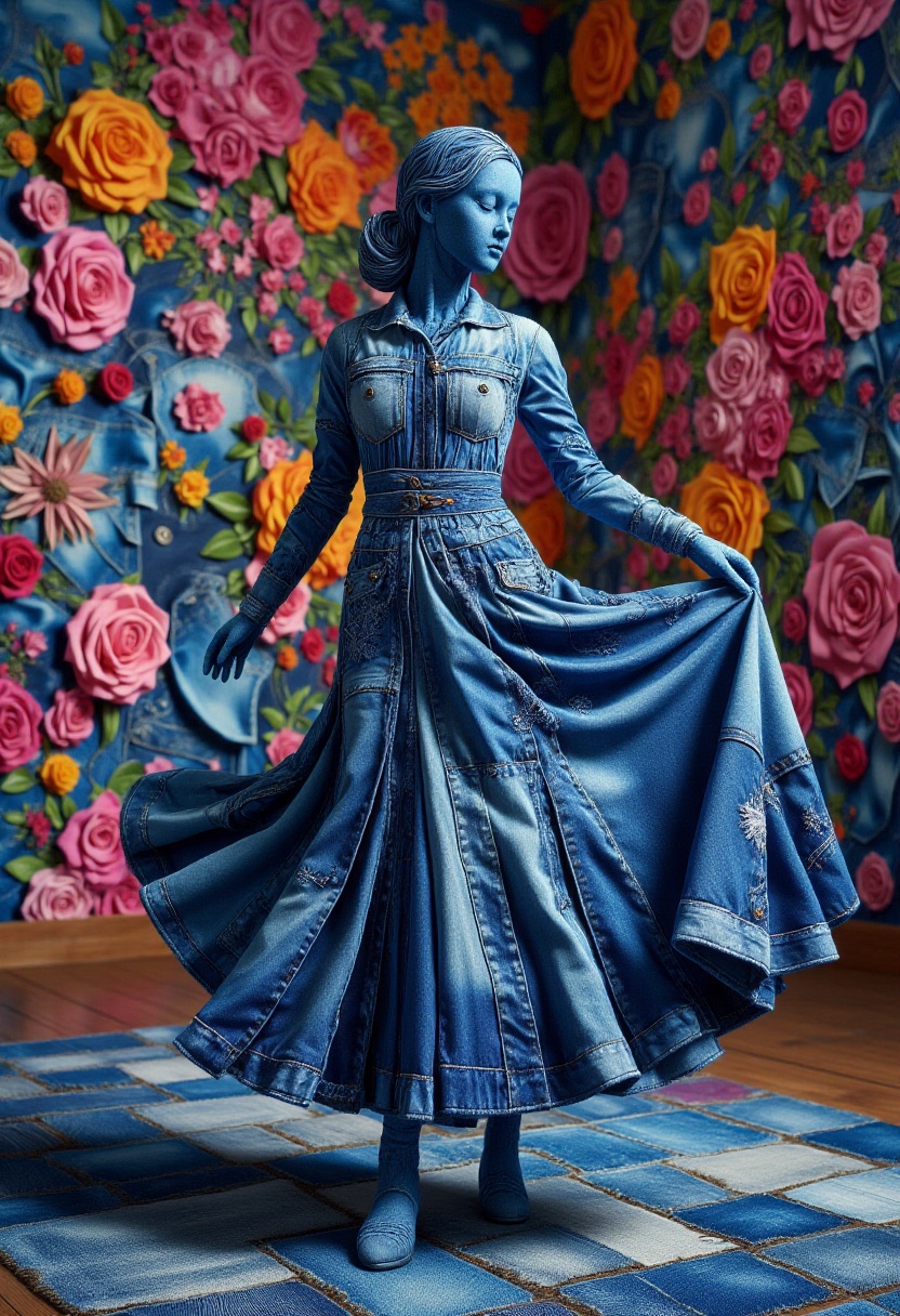 The image is a CGI rendering of a woman dancing designed to resemble a patchwork quilt made from denim fabric,  complete w...