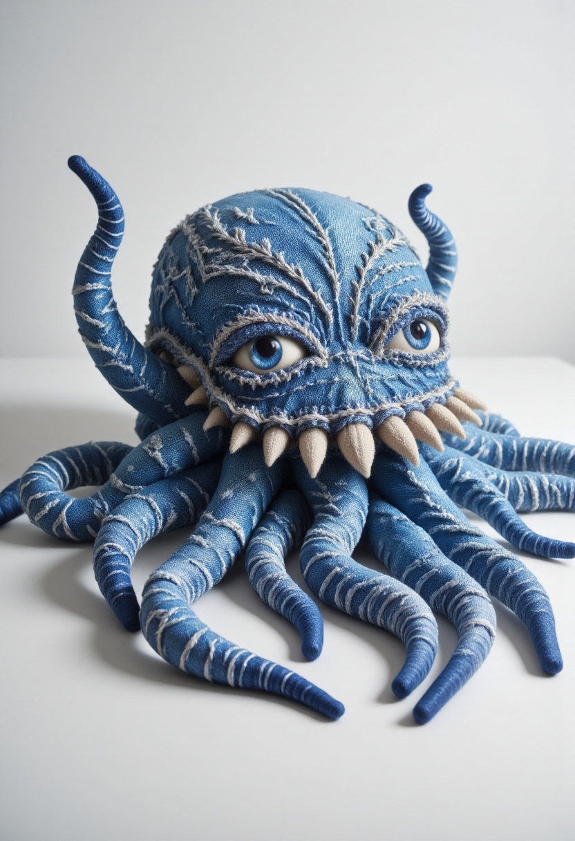 The image is a photograph showcasing a plush toy 8-tentacled octopus designed to resemble a blue,  denim-like fabric with...