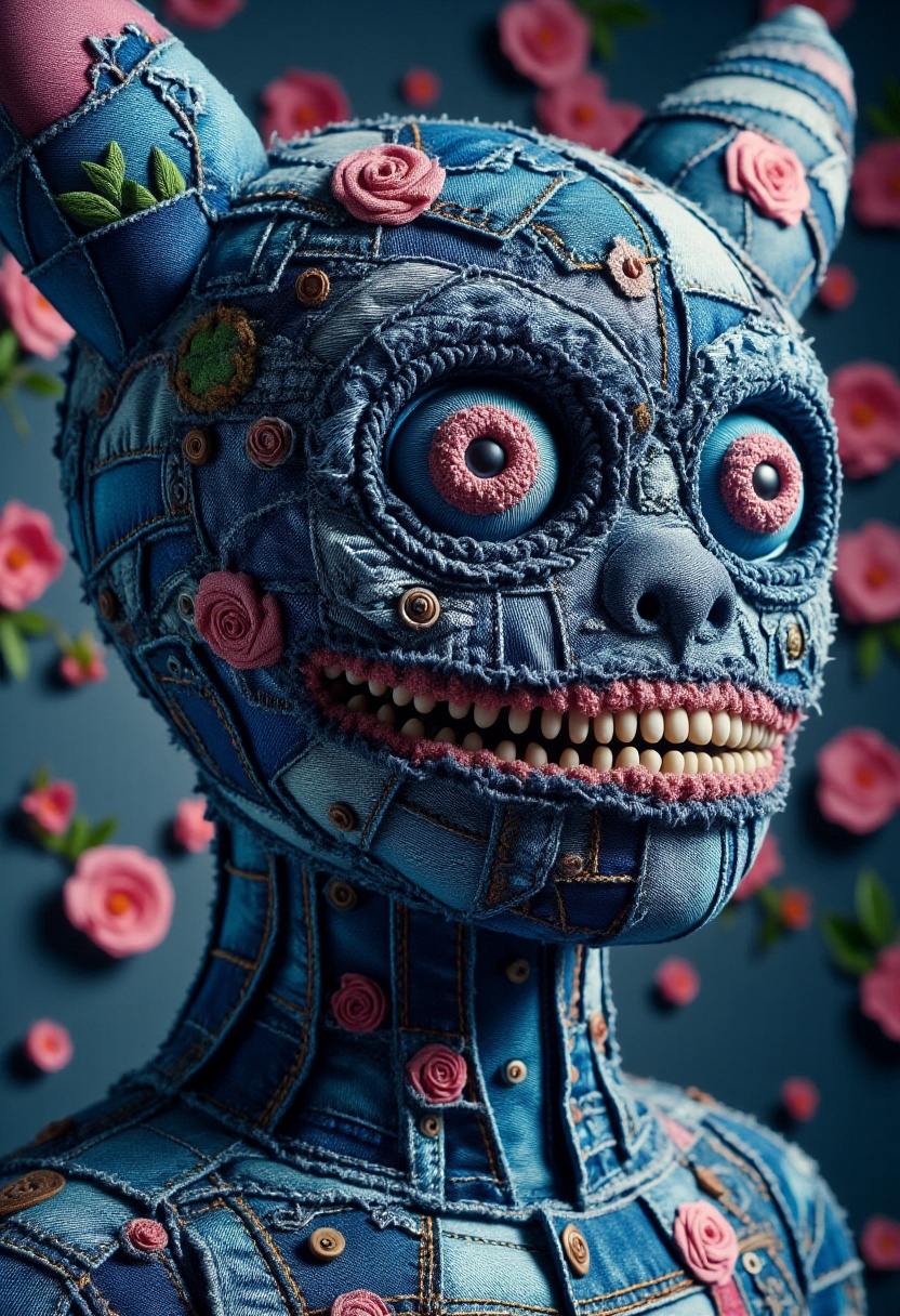 The image is a CGI rendering of a monster designed to resemble a patchwork quilt made from denim fabric,  complete with a...