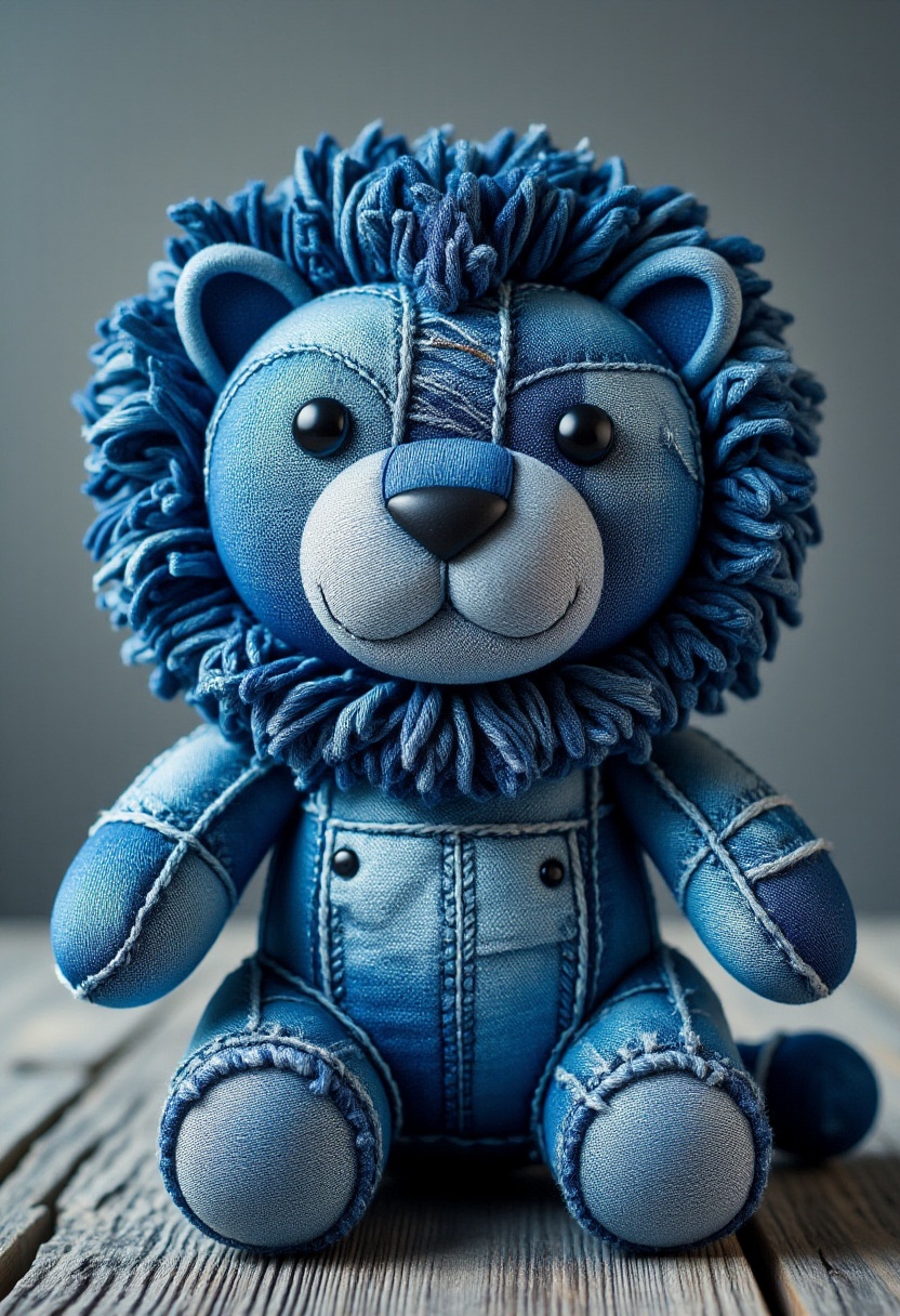 The image is a photograph showcasing a plush toy lion designed to resemble a blue,  denim-like fabric with a distressed,...
