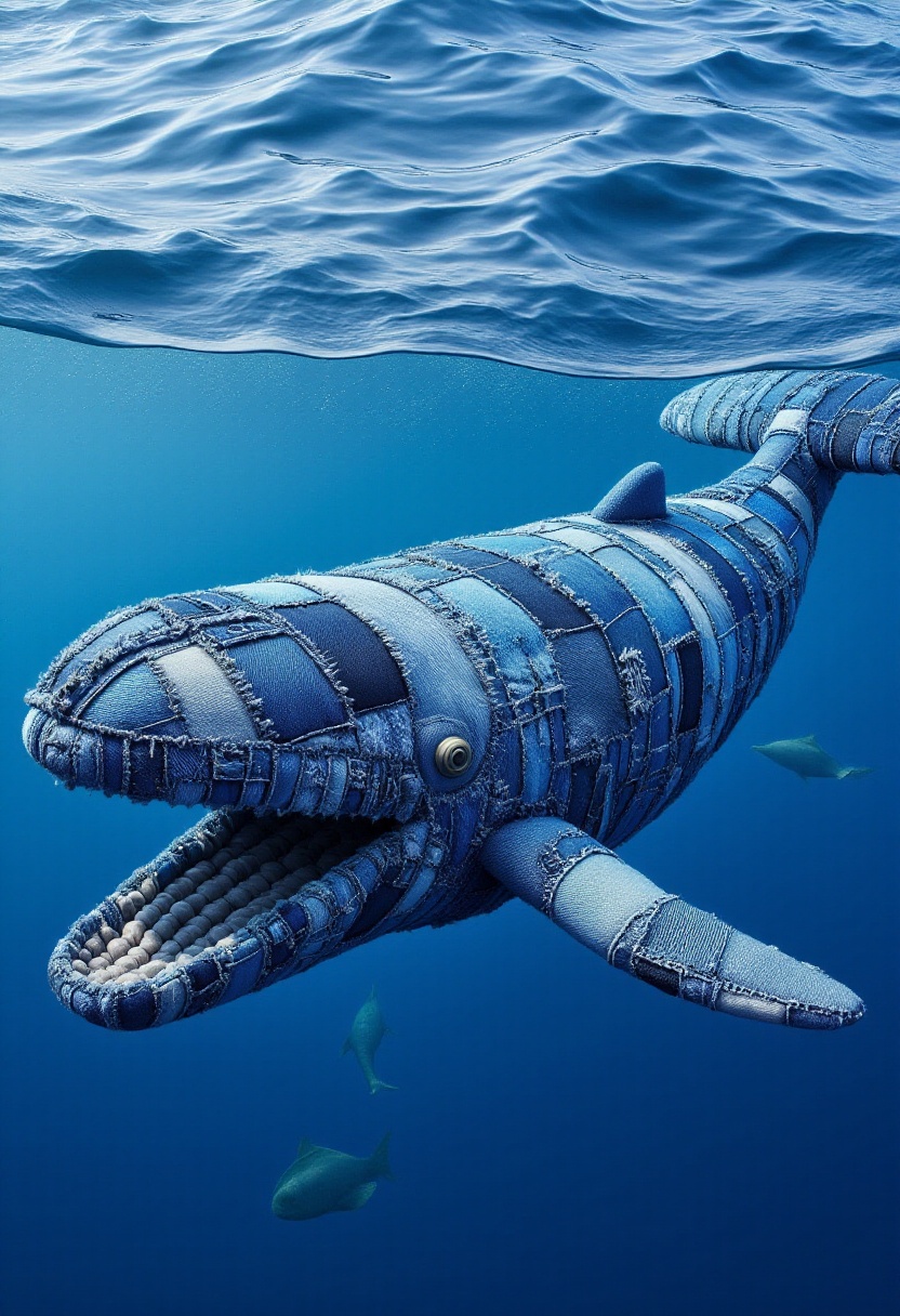 The image is a CGI rendering of a whale designed to resemble a patchwork quilt made from denim fabric,  complete with a wh...