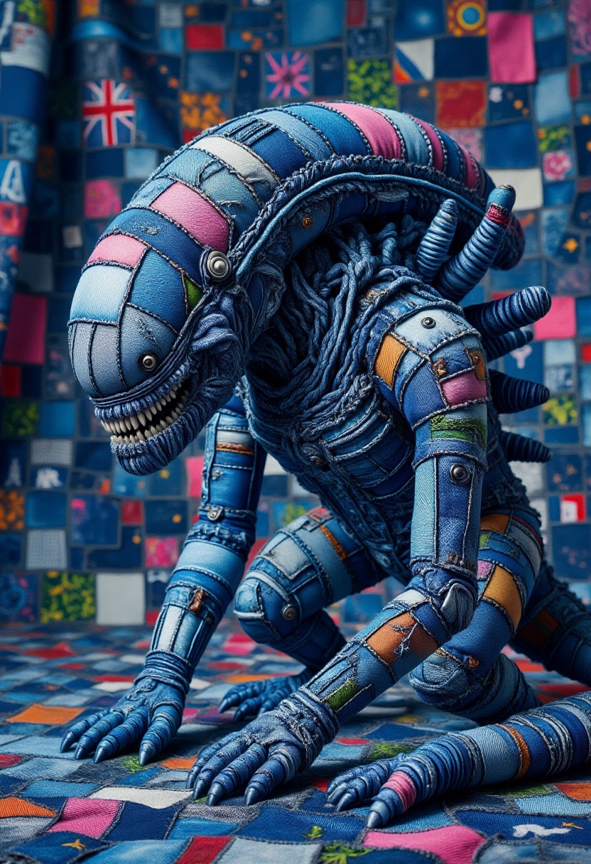 The image is a CGI rendering of a xenomorph designed to resemble a patchwork quilt made from denim fabric,  complete with...