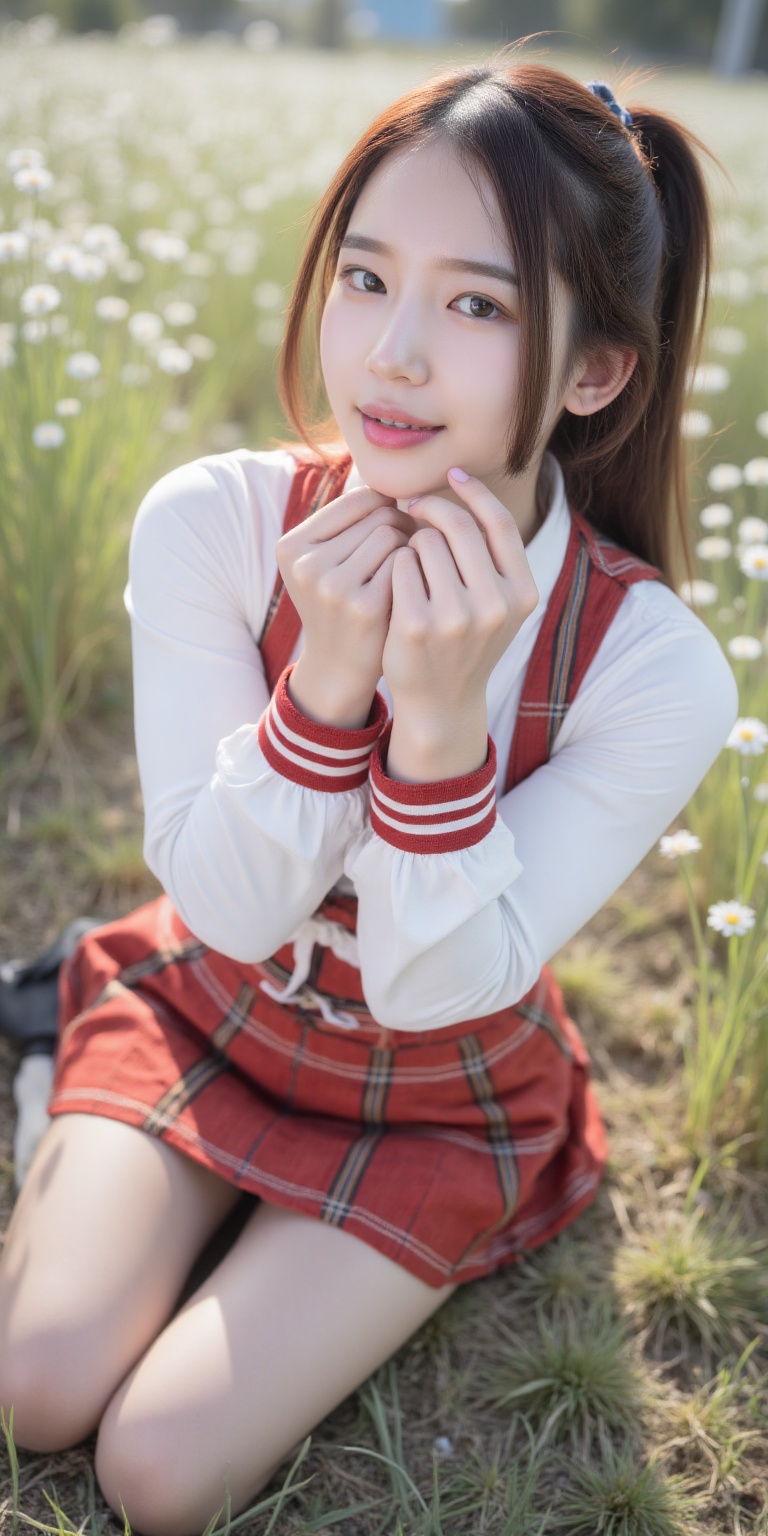A beauty_asian young lady,  dressed in a Japanese JK uniform,  sits comfortably on the sun-kissed grass. Her side ponytail...