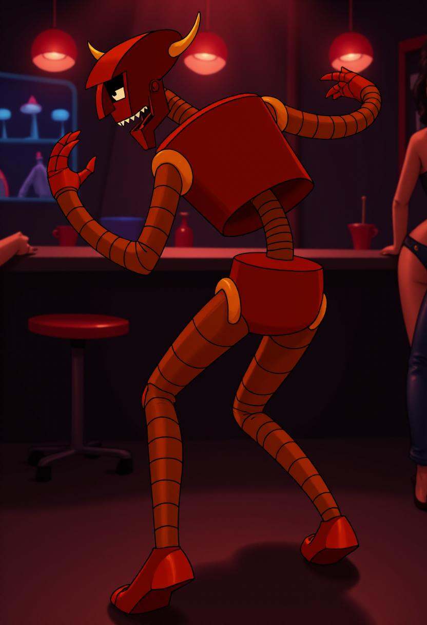 Cartoon image of a red robot named beelzebot bending over while dancing in a dark club,  view from behind,  looking back a...