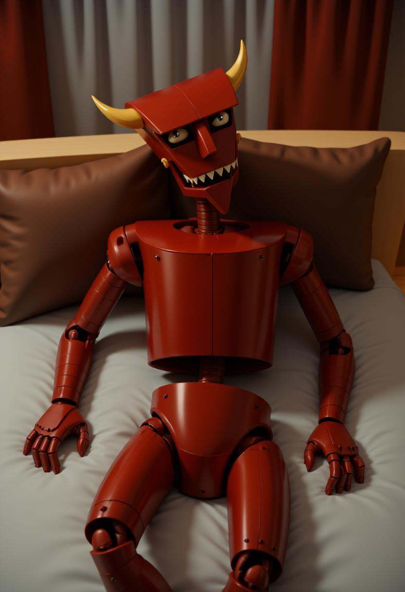 This is a highly detailed,  photorealistic CGI rendering of a red robot named beelzebot in a bedroom setting,  seductively...