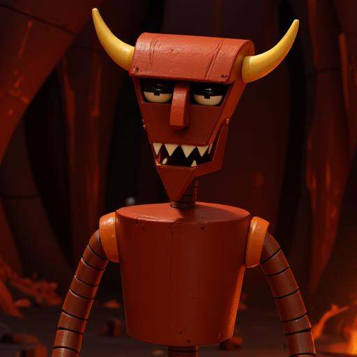 The image is a digital illustration of a stylized,  robot named beelzebot,  rendered in a 3D CGI style. The robot stands a...
