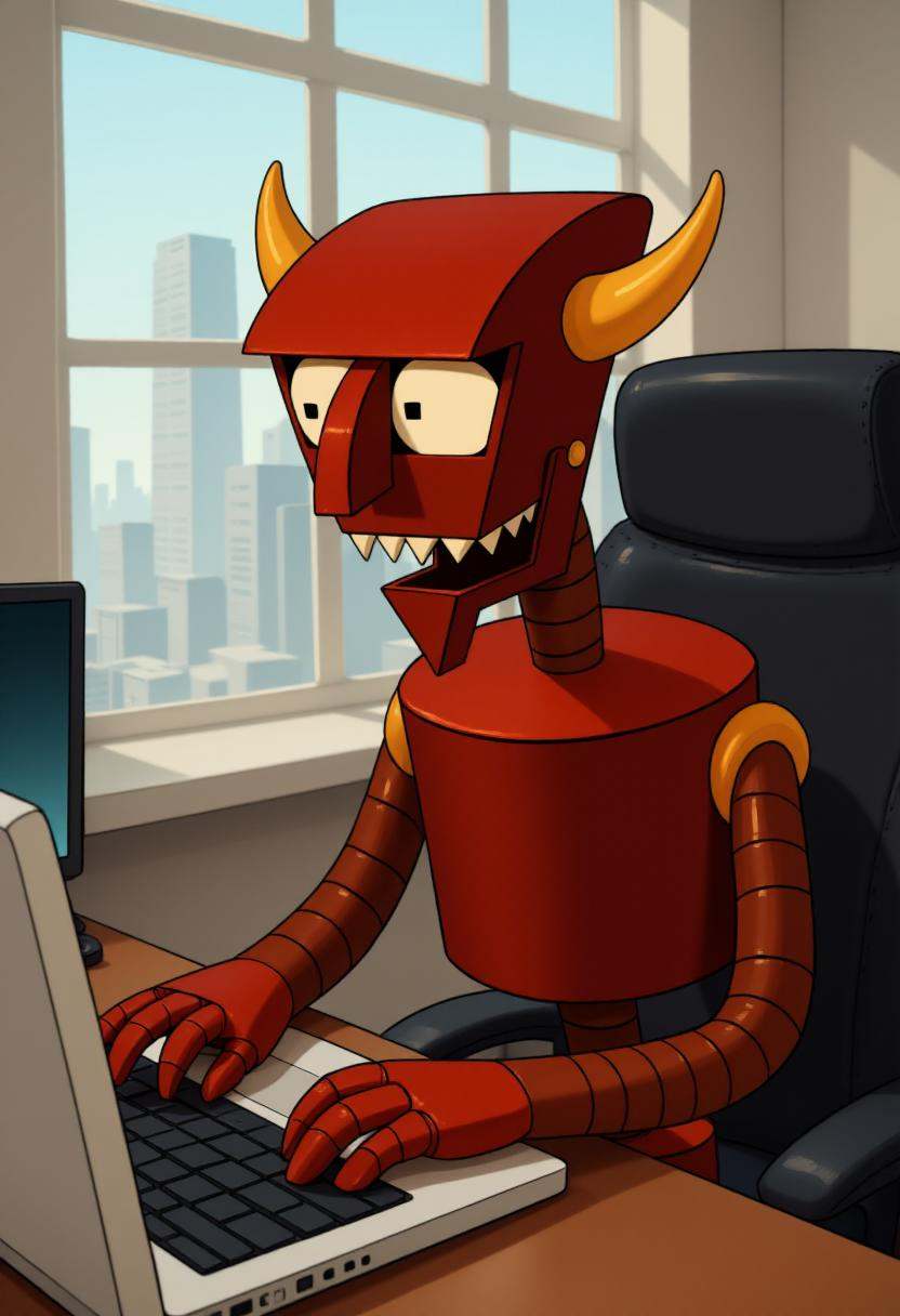 Cartoon image of a red robot named beelzebot sitting on an office chair,  typing on a laptop keyboard. There is a website...