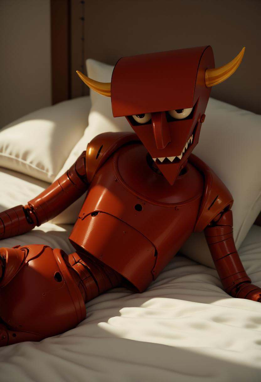 This is a highly detailed,  photorealistic CGI rendering of a red robot named beelzebot in a bedroom setting,  seductively...
