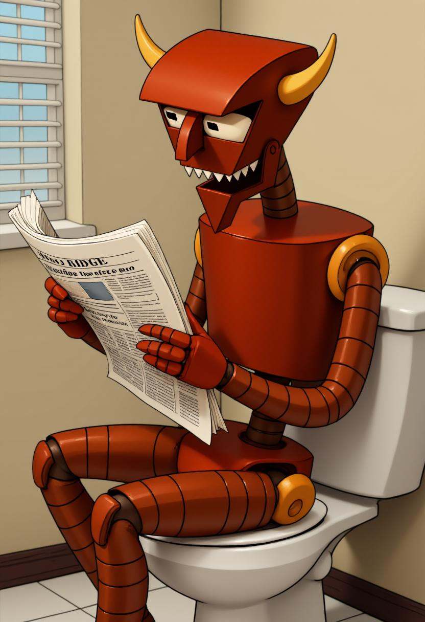 Cartoon image of a red robot named beelzebot sitting on a toilet,  reading a newspaper on Tensor.Art