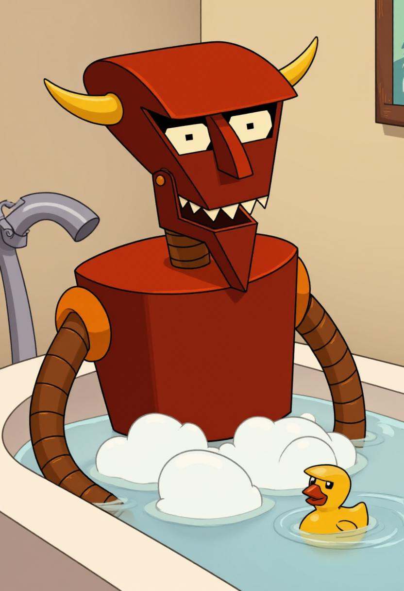 Cartoon image of a red robot named beelzebot having a bubble bath in a bath tub. There is a rubber duckie in the tub as we...