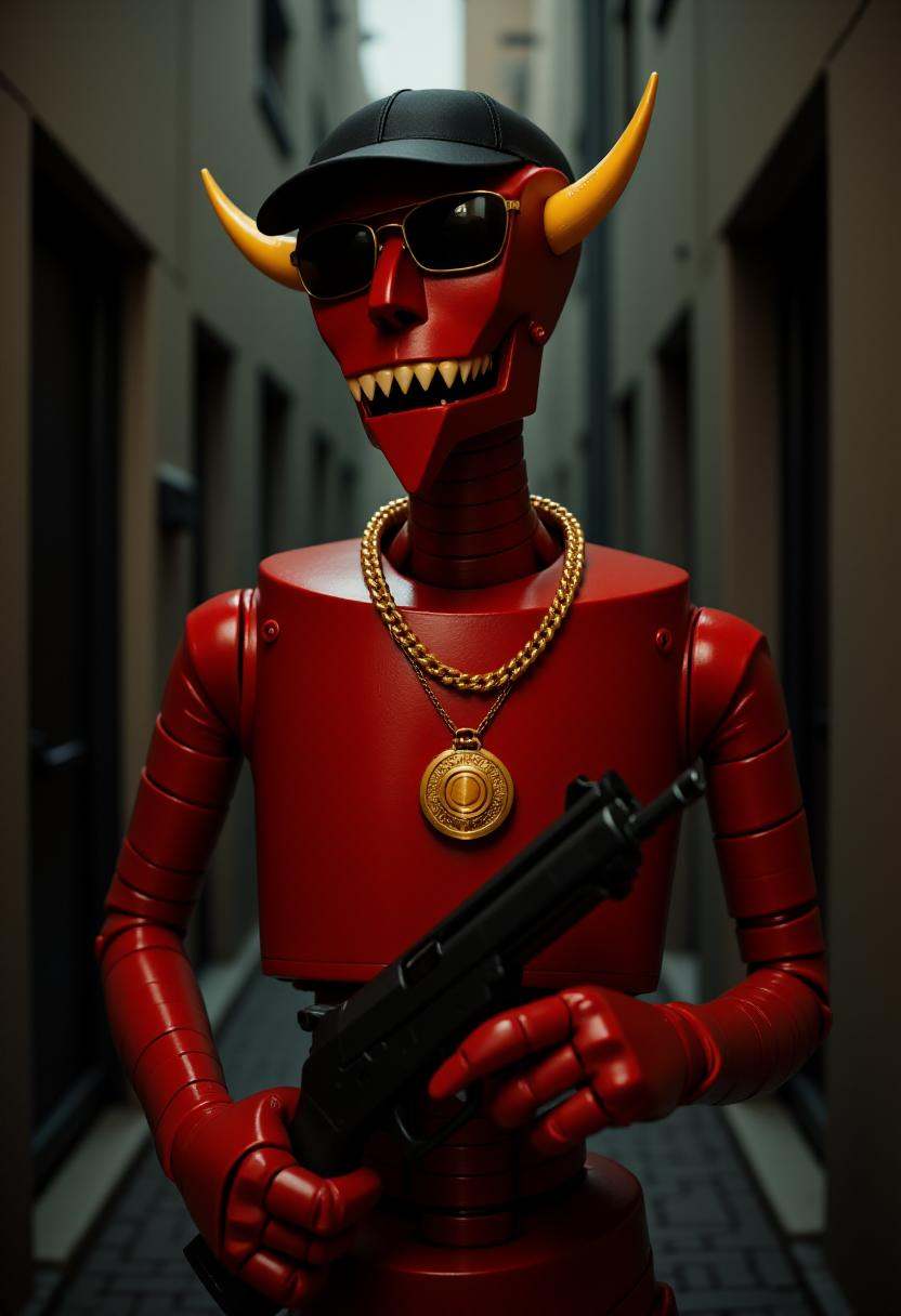 Realistic photograph of a red robot named beelzebot holding a gun and wearing a black baseball cap,  sunglasses and gold c...