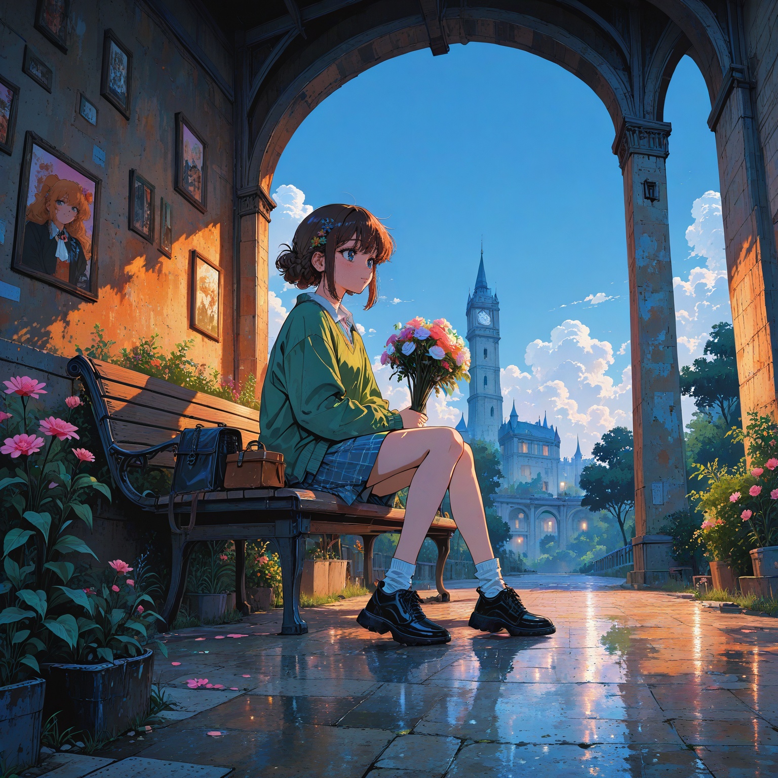 woman sitting on a park bench with a bouquet of flowers,  She's looking at the clock tower and waiting for someone,  Blue...