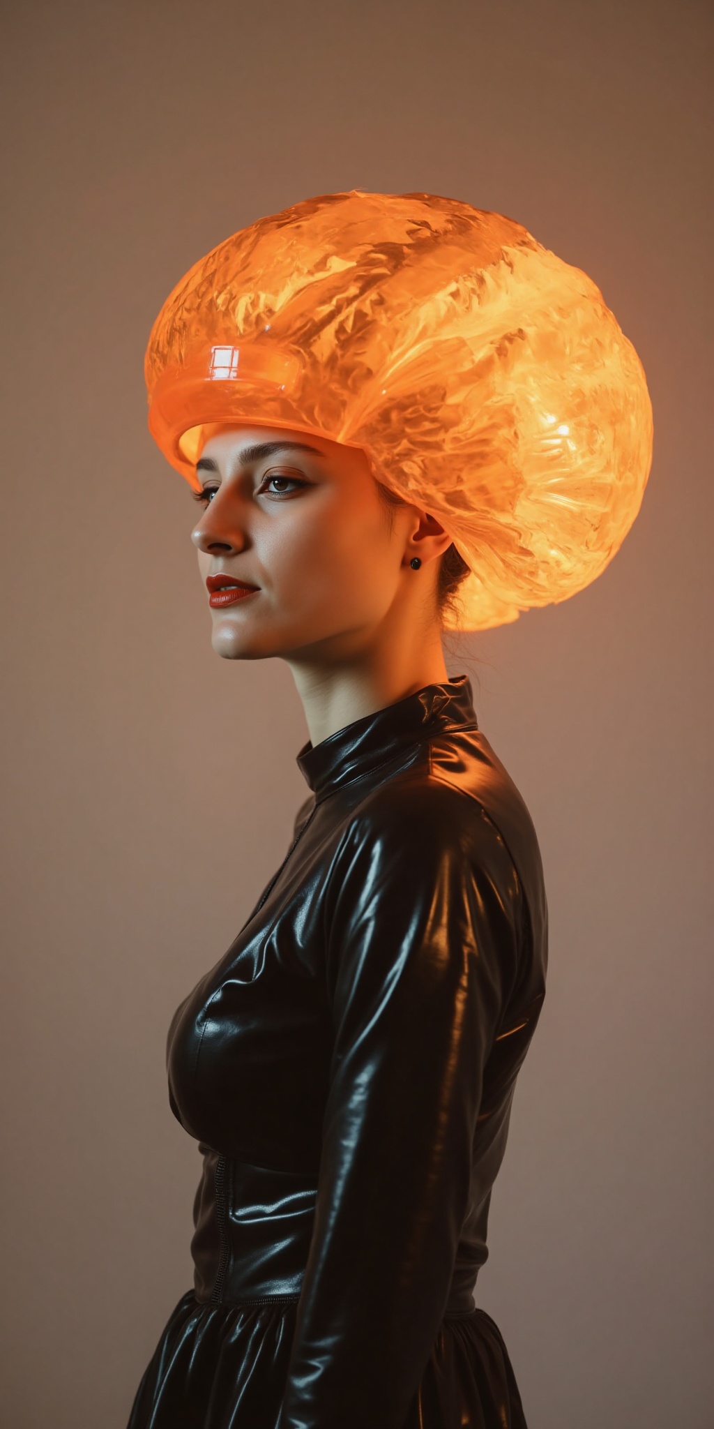 The image depicts a futuristic and artistic figure with a striking appearance. The individual is wearing a headpiece that...