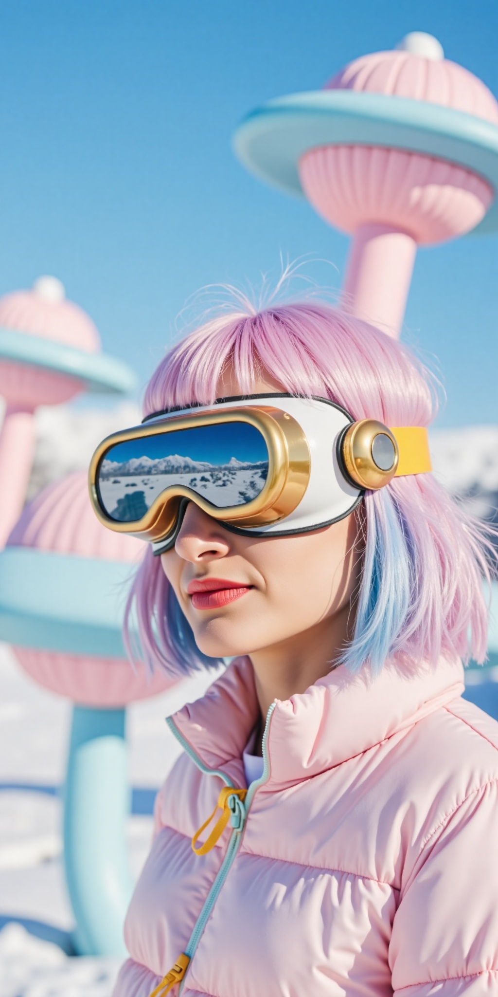The image depicts a woman wearing futuristic,  oversized goggles with gold accents. The goggles cover most of their eyes,...