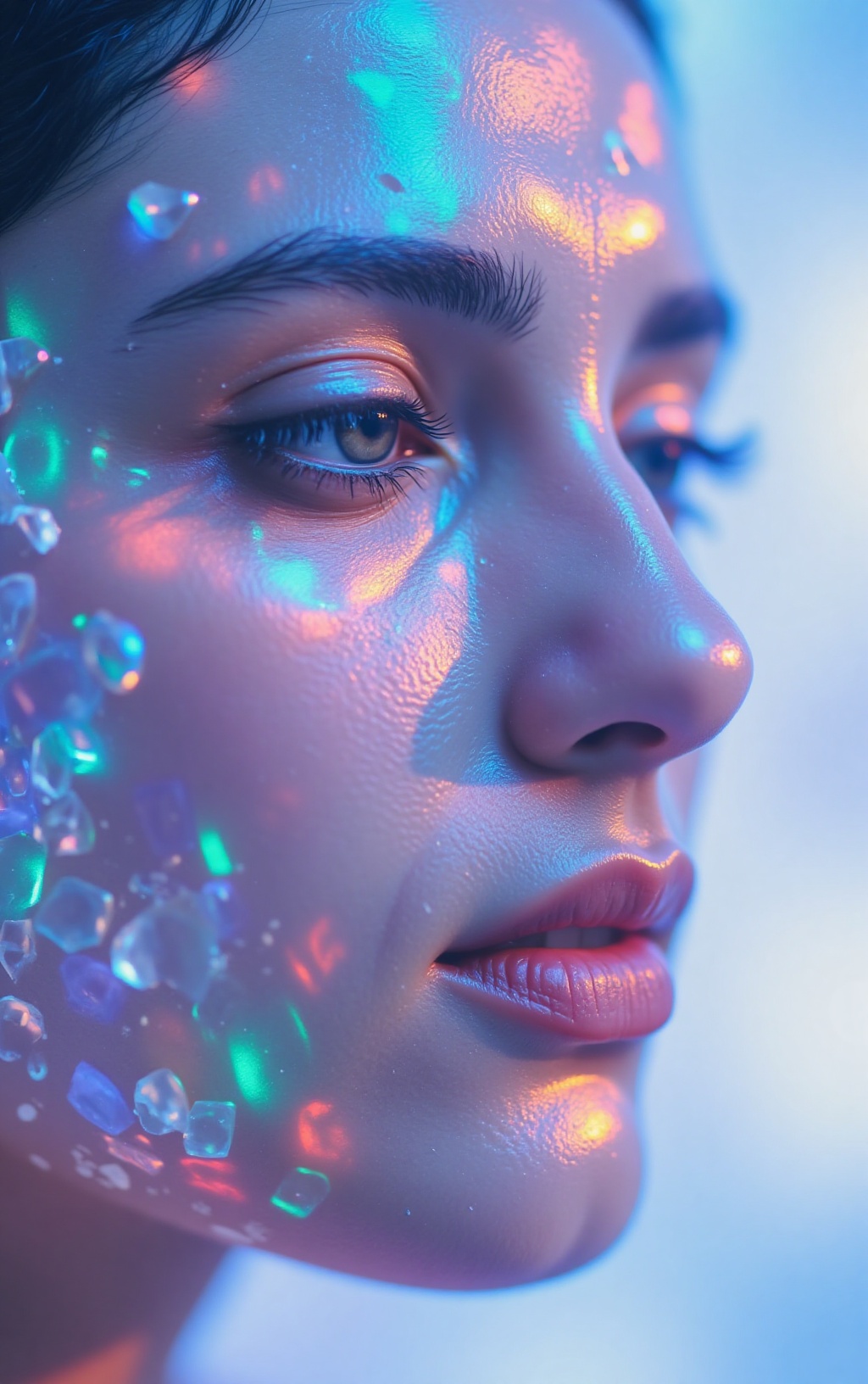 The image depicts a close-up of a person's face,  with their skin illuminated by a vibrant,  iridescent light. The person'...