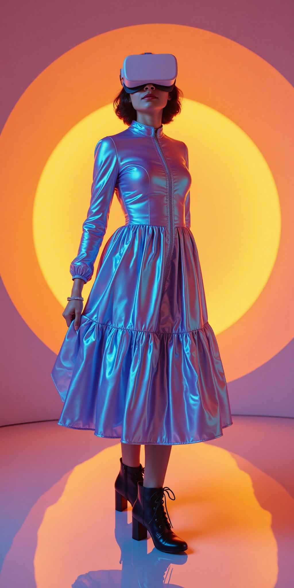 The image depicts a person wearing a futuristic,  metallic blue dress with long sleeves and a flowing skirt. The person is...