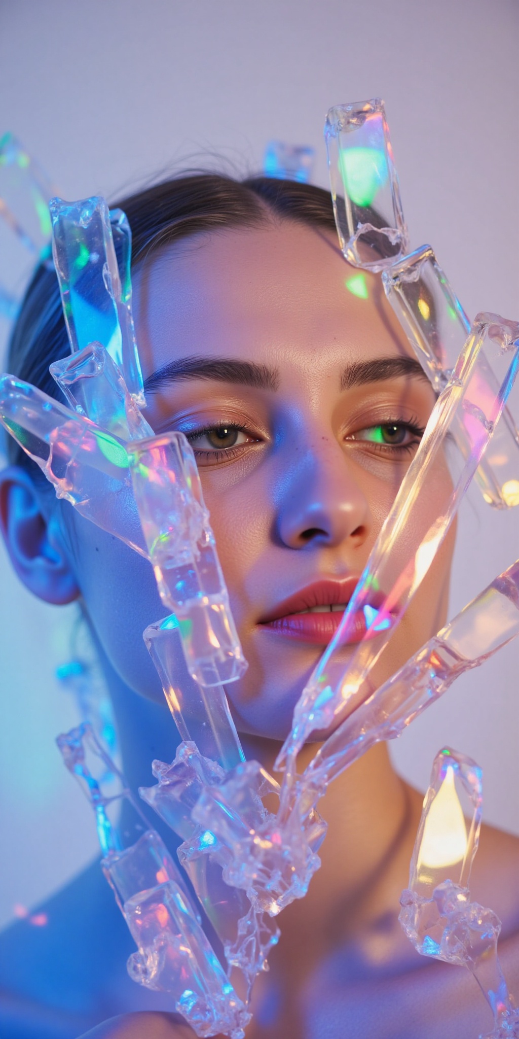 The image depicts a close-up of a person's face,  with their skin illuminated by a vibrant,  iridescent light. The person'...