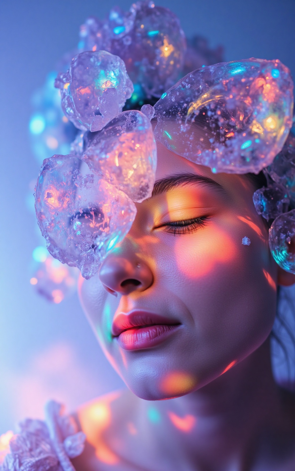 The image depicts a close-up of a person's face,  with their skin illuminated by a vibrant,  iridescent light. The person'...