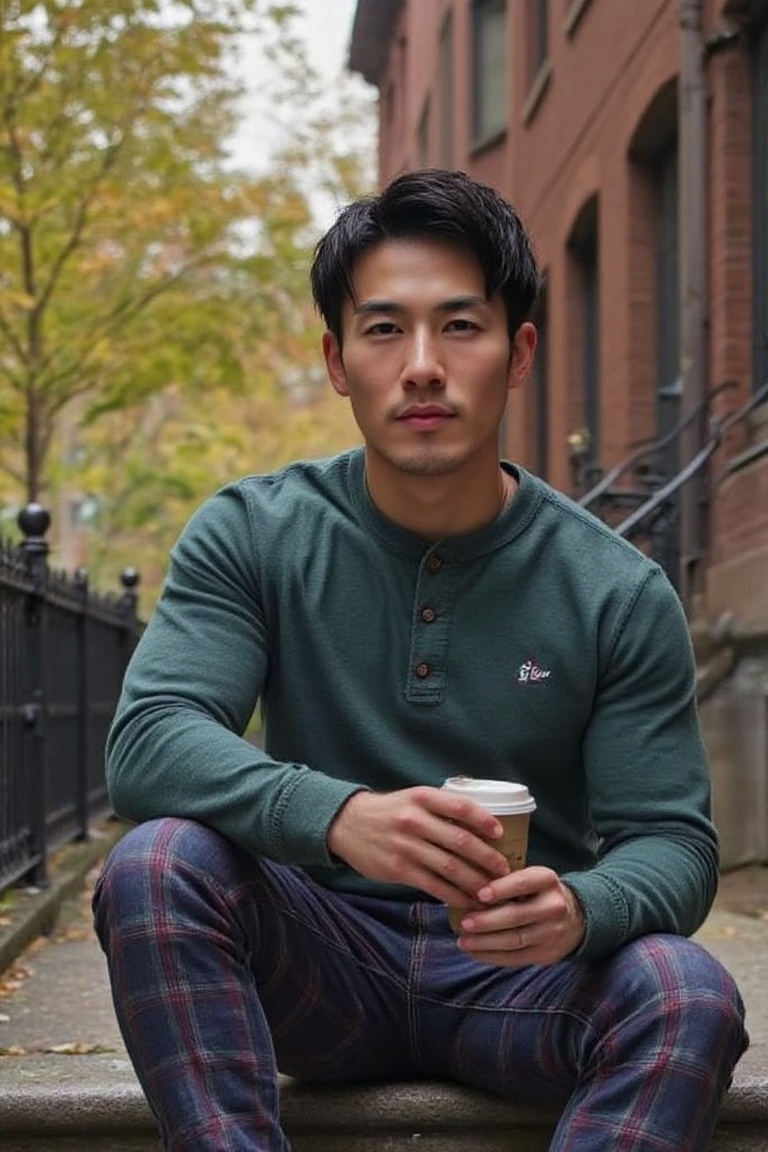 Person description: a Japanese asian man around 48 years old with a chiseled jawline and short,  thick black hair styled s...