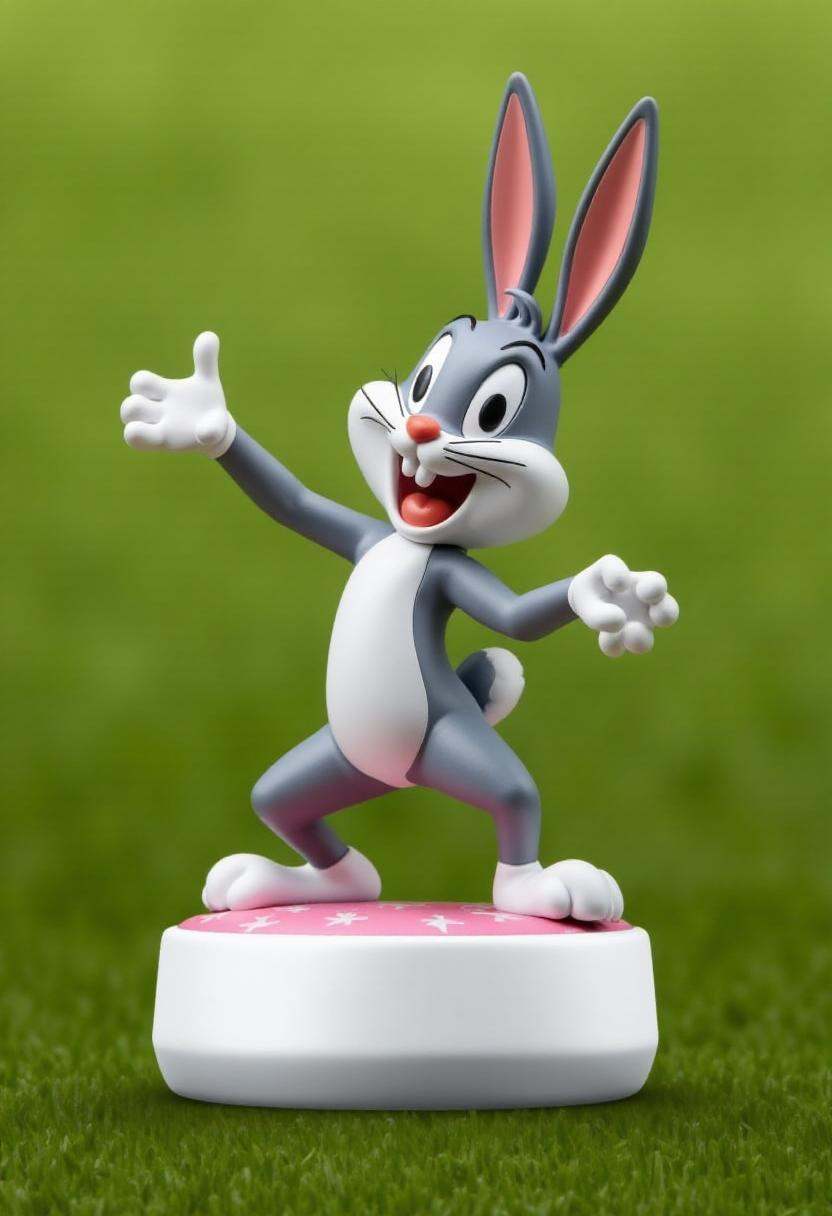 Photograph of a stylized,  cartoonish figurine of Bugs Bunny,  in a dynamic on Tensor.Art