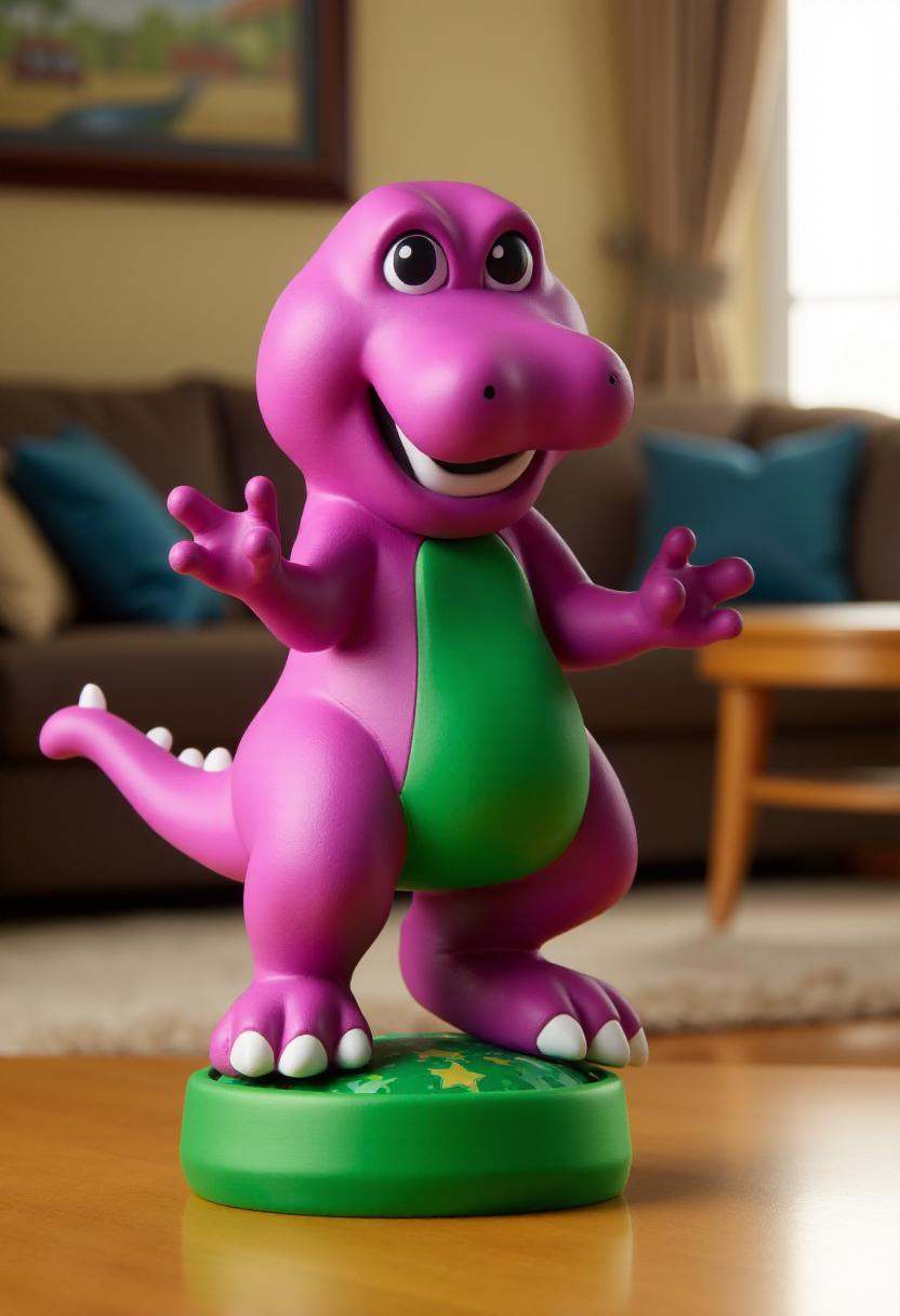Photograph of a stylized,  cartoonish figurine of Barney,  in a dynamic on Tensor.Art