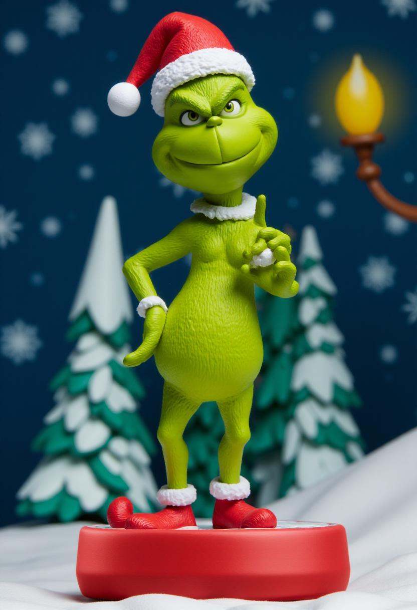 Photograph of a stylized,  cartoonish figurine of the Grinch,  in a dynamic on Tensor.Art