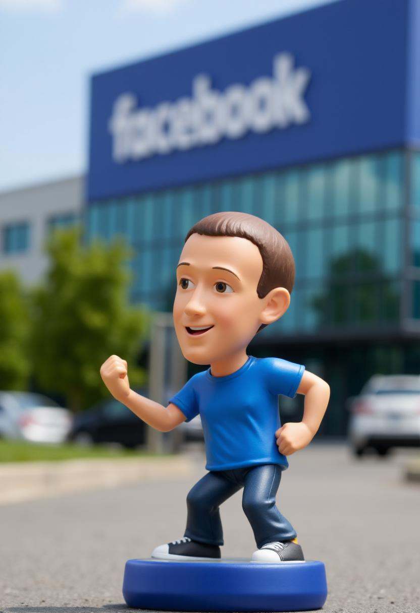 Photograph of a stylized,  cartoonish figurine of Mark Zuckerberg,  in a dynamic on Tensor.Art