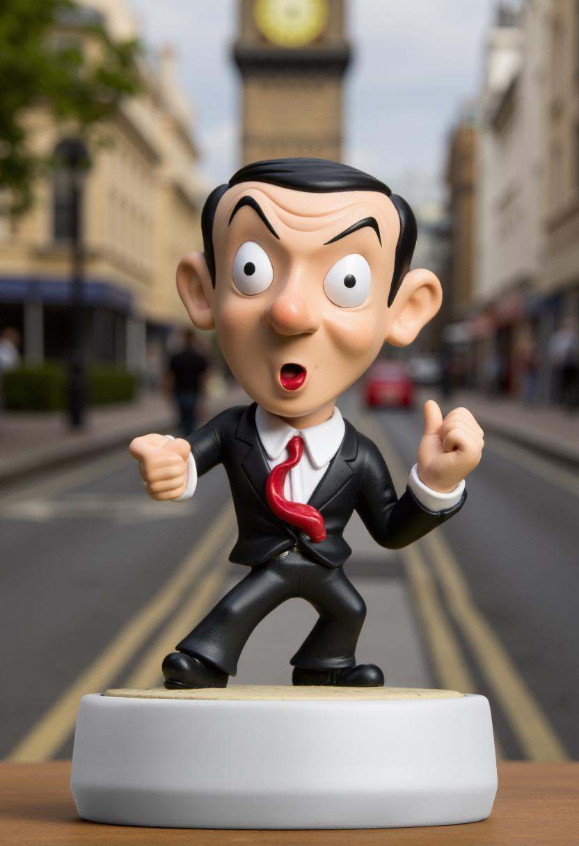 Photograph of a stylized,  cartoonish figurine of Mr. Bean,  in a dynamic on Tensor.Art