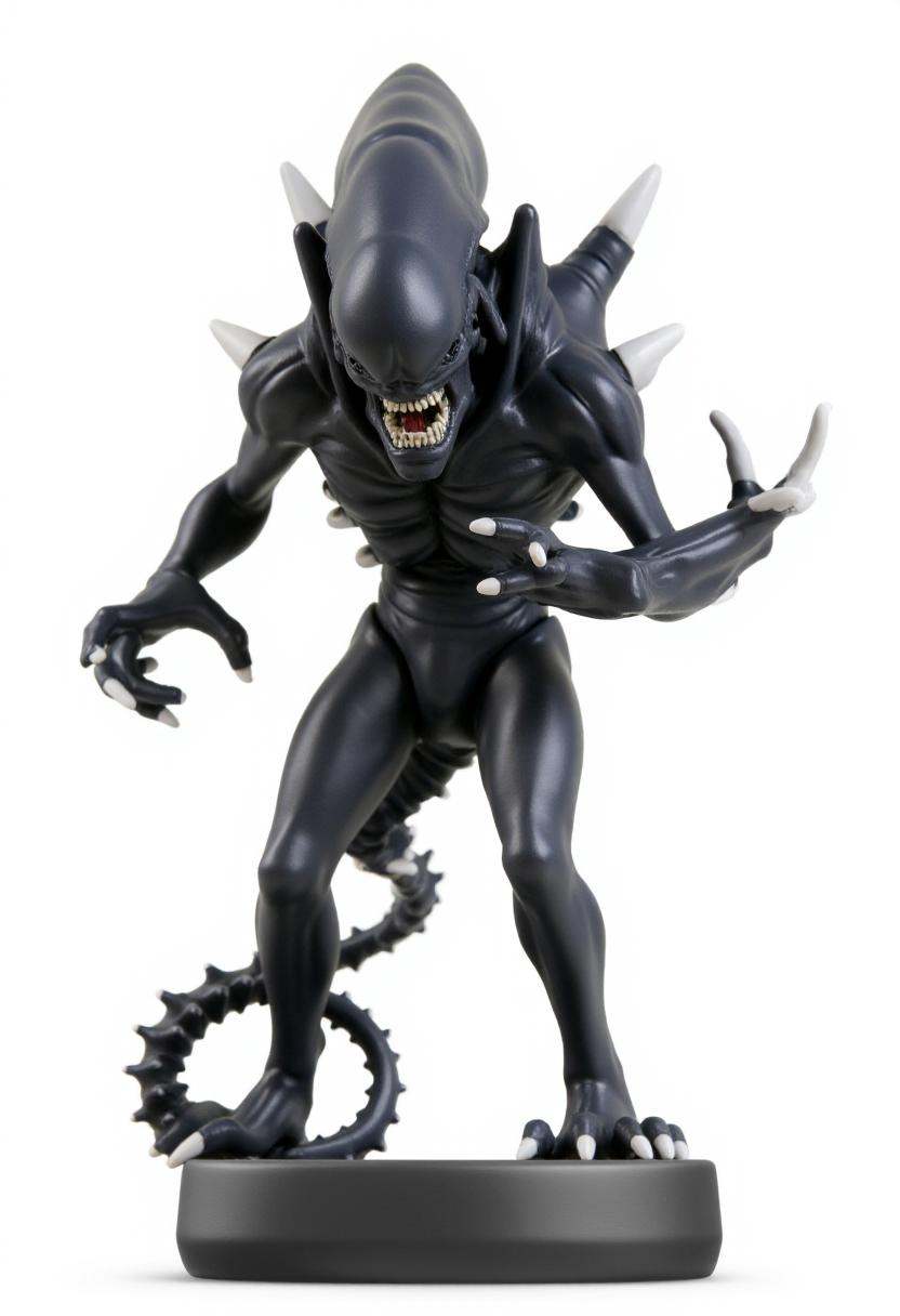 Photograph of a stylized,  cartoonish figurine of a black xenomorph,  in a dynamic on Tensor.Art