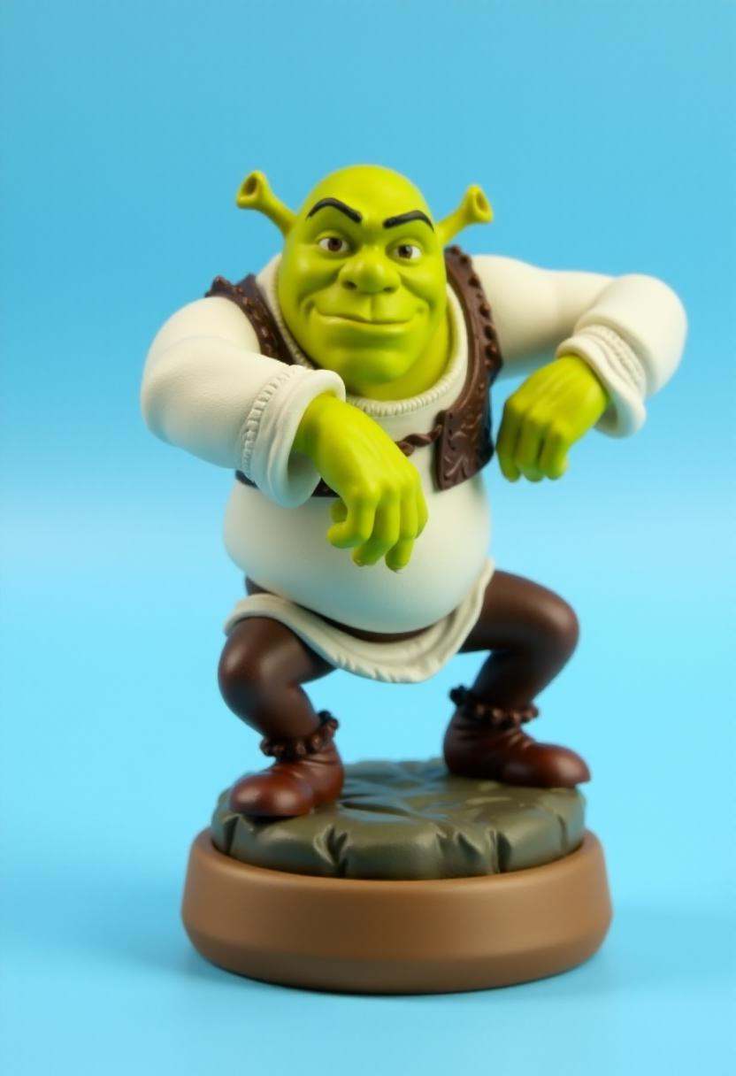 Photograph of a stylized,  cartoonish figurine of Shrek,  in a dynamic on Tensor.Art