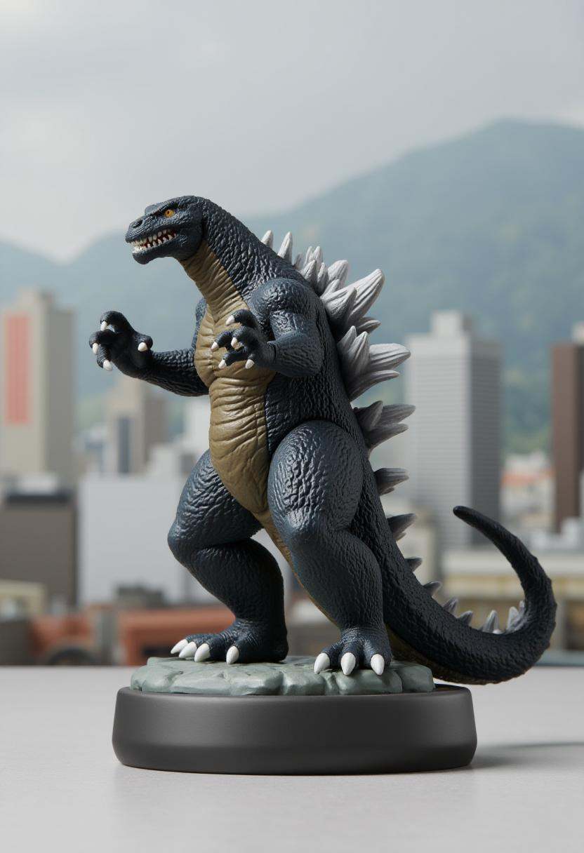 Photograph of a stylized,  cartoonish figurine of Godzilla,  in a dynamic on Tensor.Art