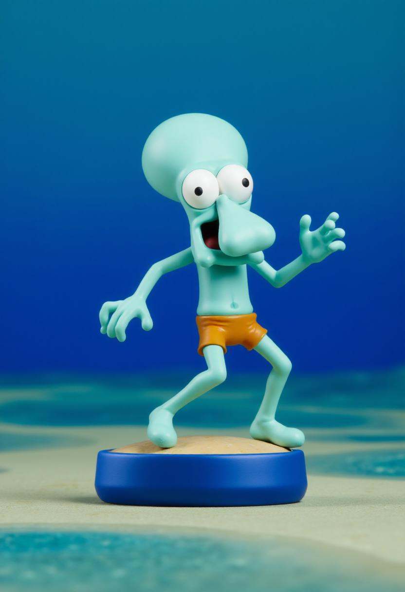 Photograph of a stylized,  cartoonish figurine of Squidward,  in a dynamic on Tensor.Art