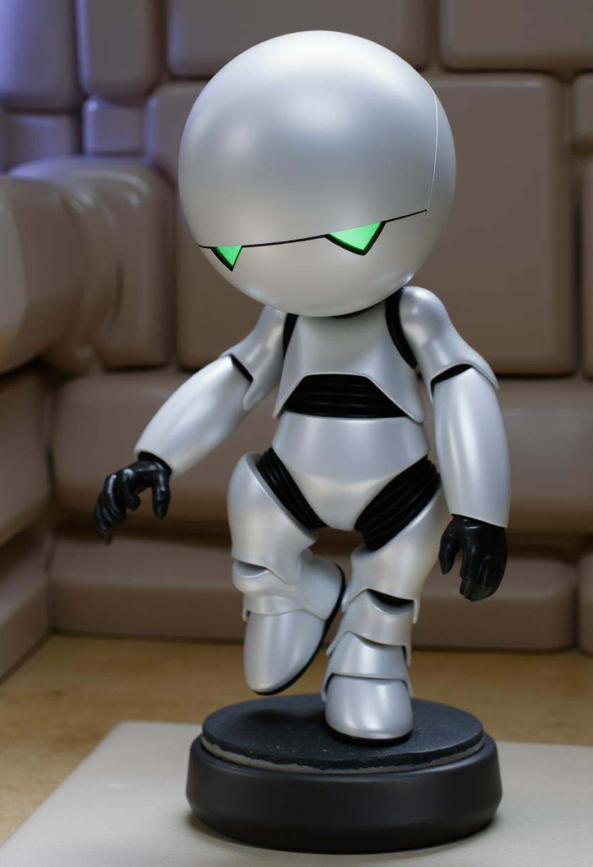 Photograph of a stylized,  cartoonish figurine of a humanoid robot named Marvin with a minimalist,  futuristic design on T...