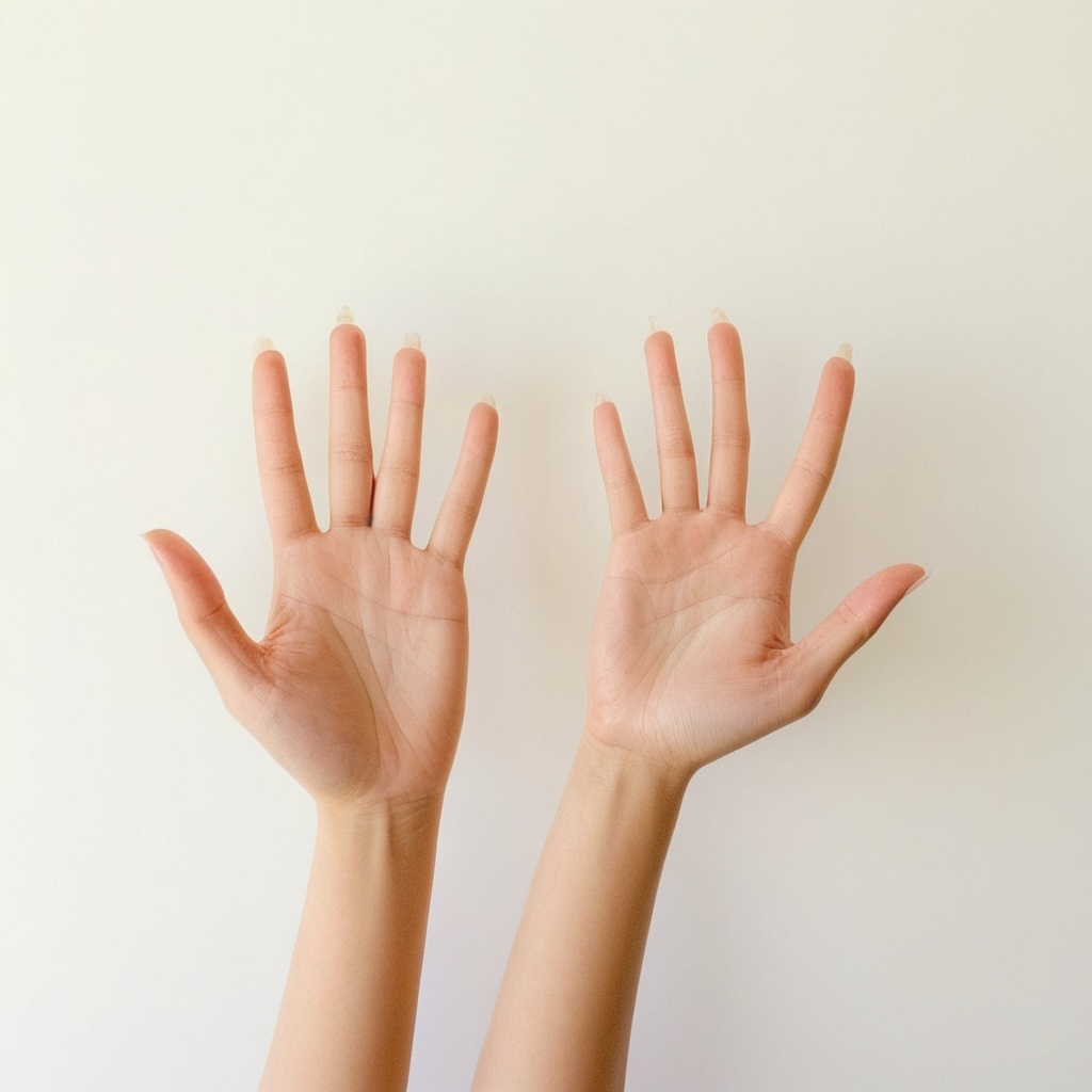 Two light beige female hands are shown against a pure white background. Both hands are positioned in a similar upward,  sl...