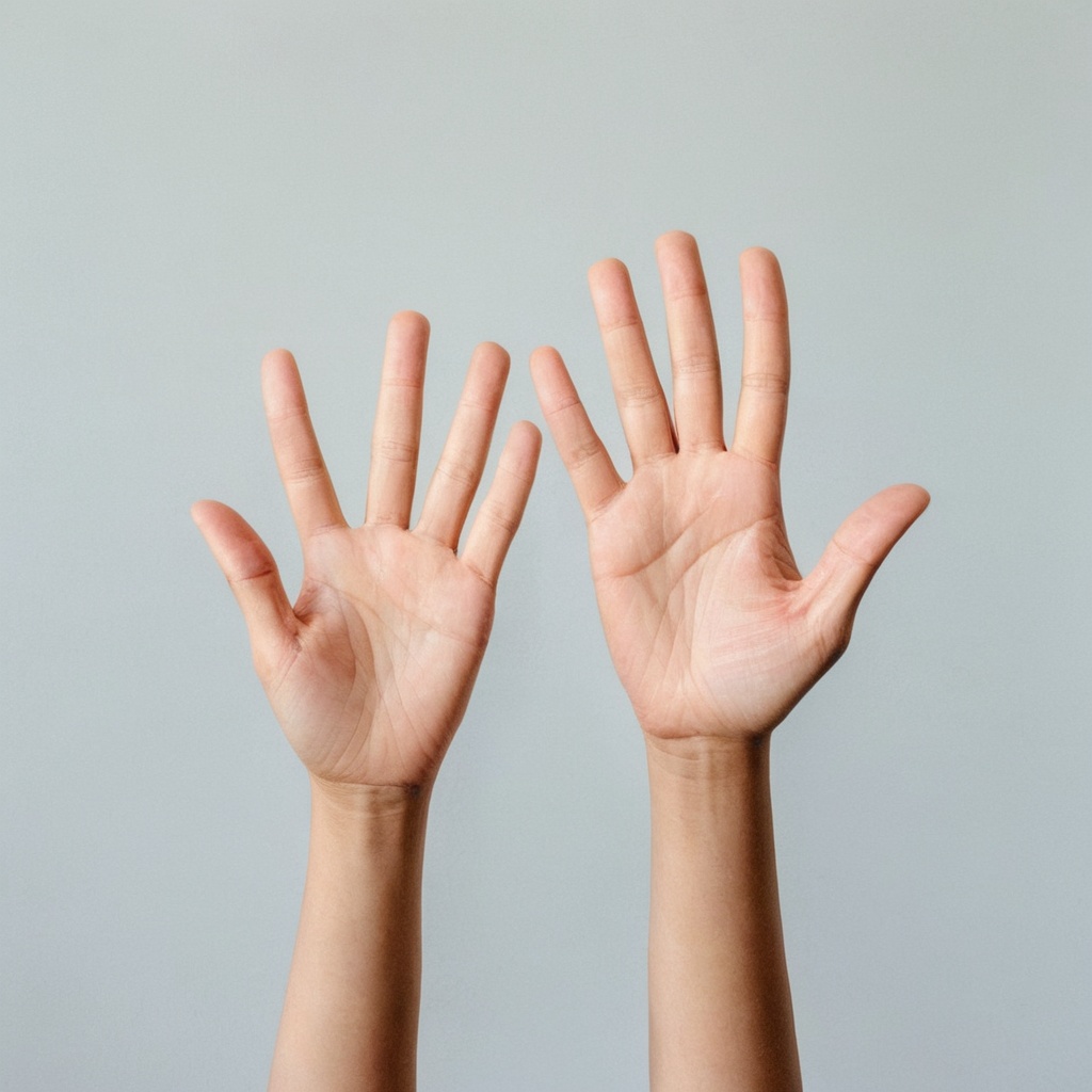 Two light-skinned hands are raised,  palms facing outward,  against a light-gray background. The hands are positioned symm...