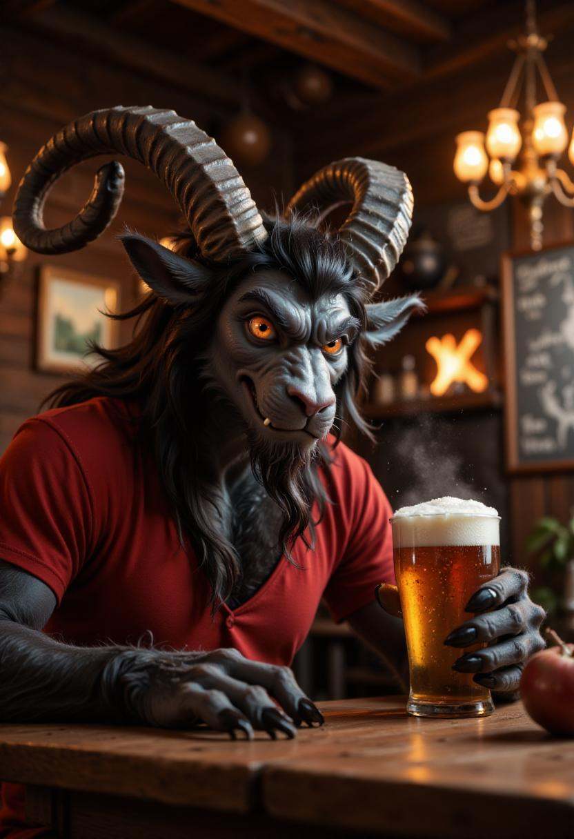 Anime image of anthropomorphic gkrampus drinking beer at a pub. on Tensor.Art