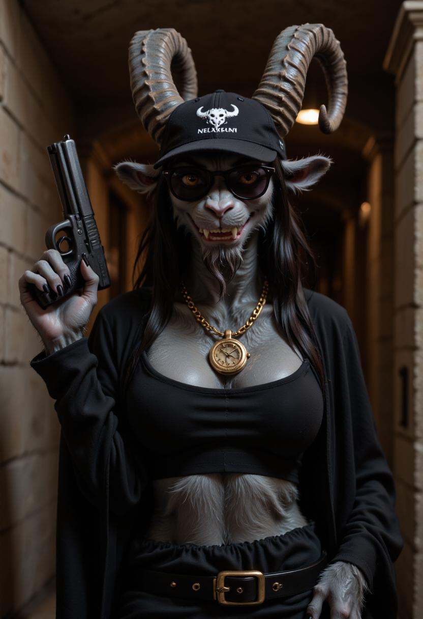 Photo of anthropomorphic female gkrampus with a huge smile,  holding a pistol and wearing a black baseball cap,  sunglasse...