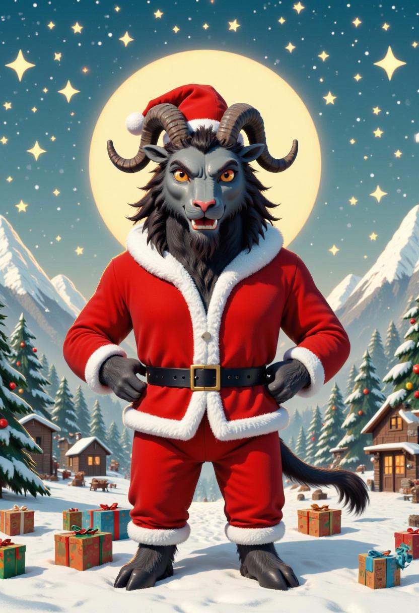 This is a digital illustration in a vibrant,  cartoon style,  featuring anthropomorphic gkrampus in a santa outfit on Tens...